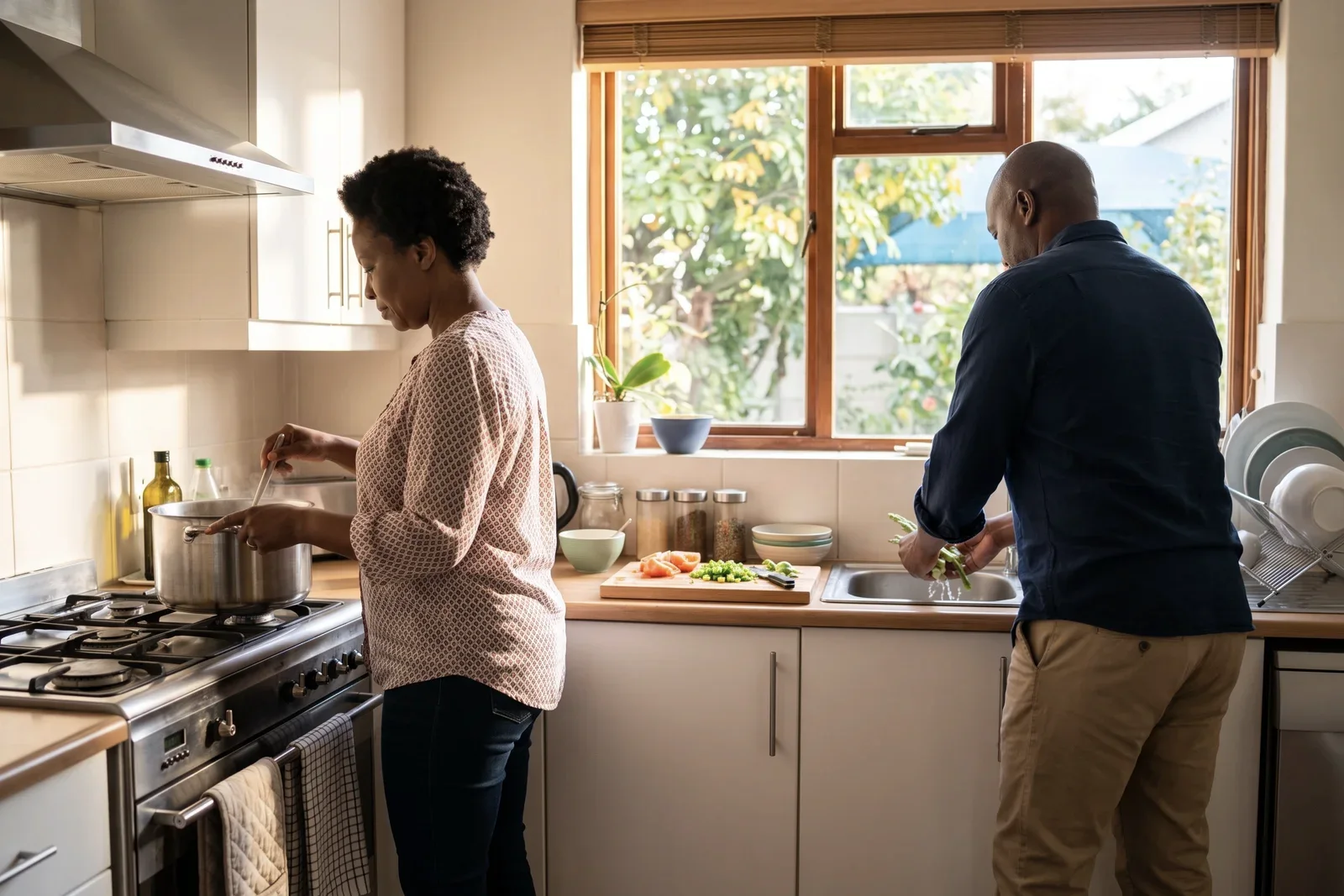 A couple makes dinner together in their kitchen.