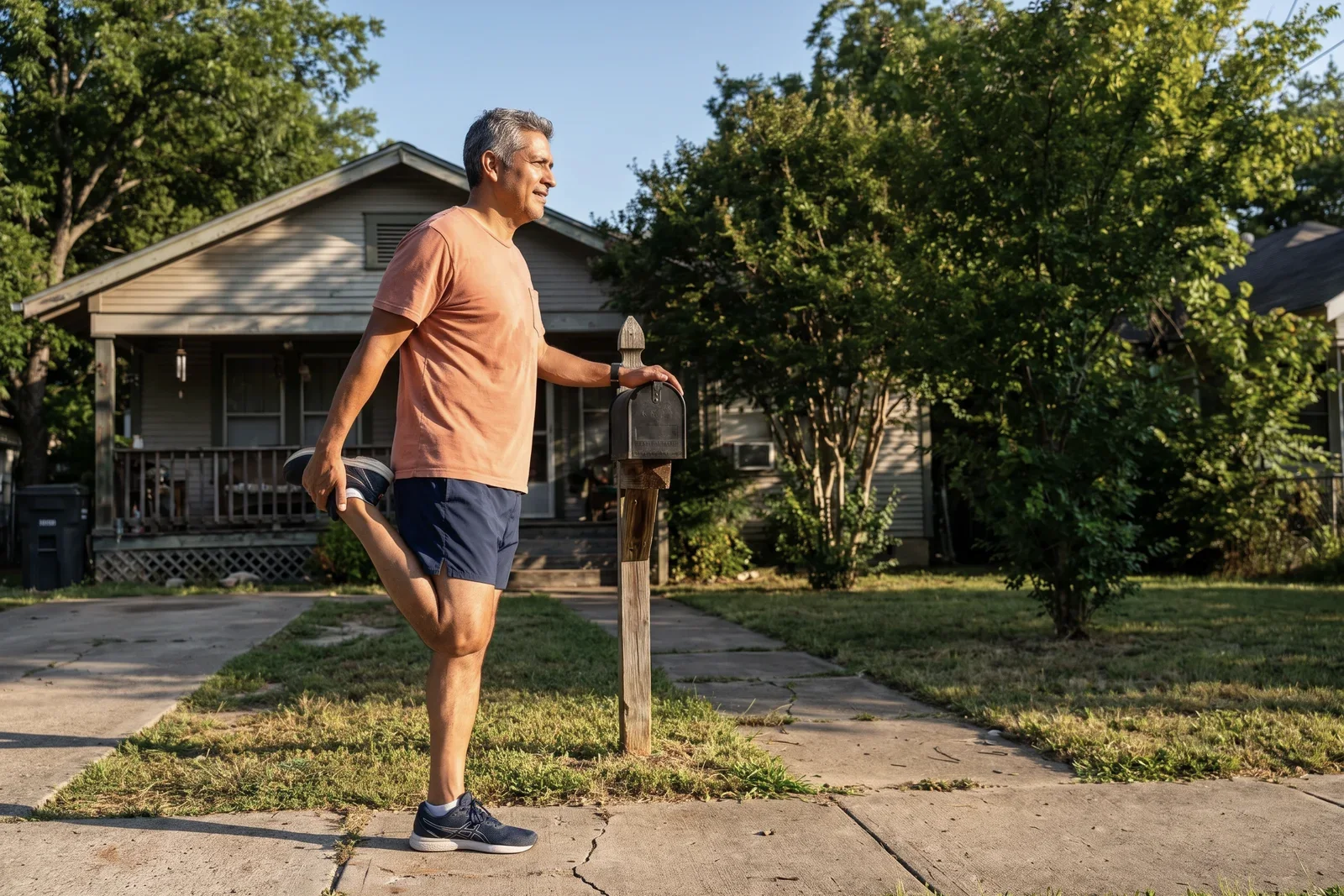A man stretches before a run outside his house in morning sun.