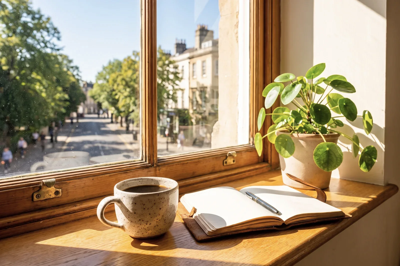 A cup of coffee and a notebook on a sunny windowsill.