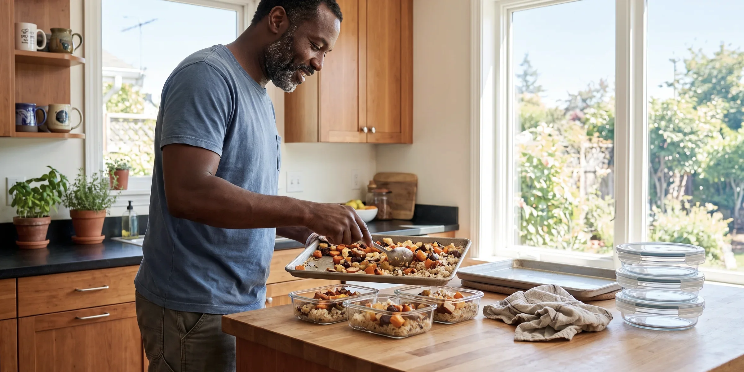 A man packs roasted vegetables and rice into lidded containers at a kitchen counter on a Sunday.