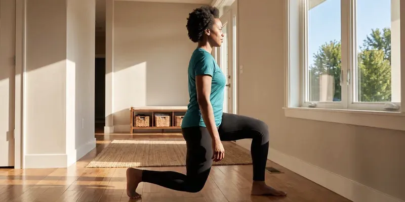 A woman in a teal shirt does a lunge in a sunny hallway at home.