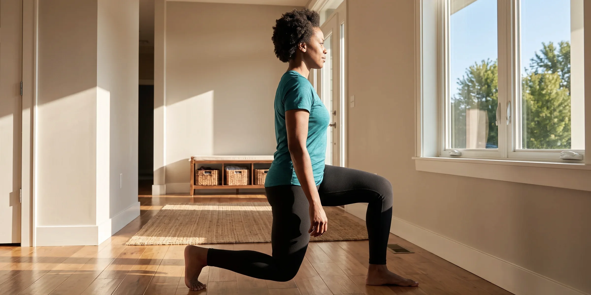 A woman in a teal shirt does a lunge in a sunny hallway at home.