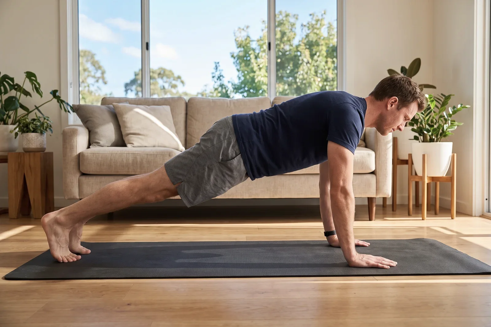 A man does push-ups on a mat in a sunlit living room, a sofa and plants behind him.