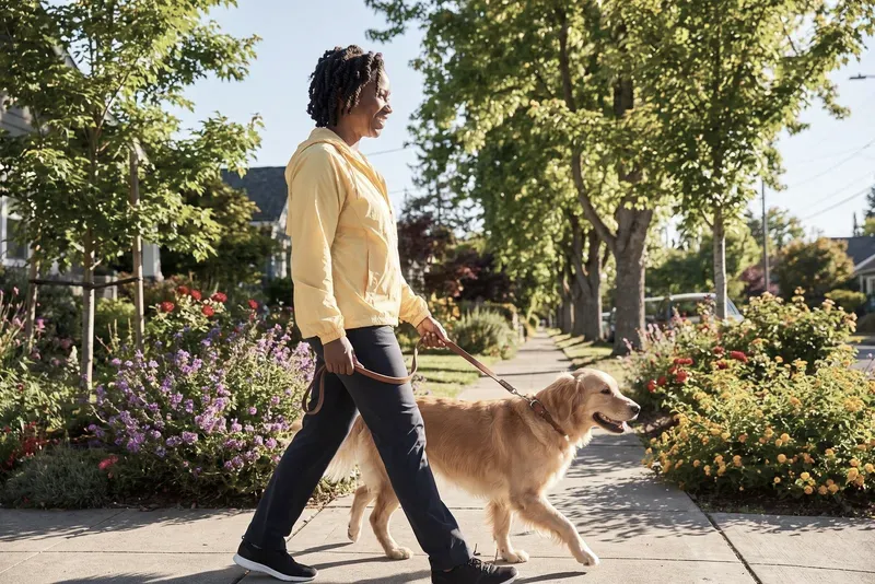 A woman walks a golden retriever along a sunny sidewalk.