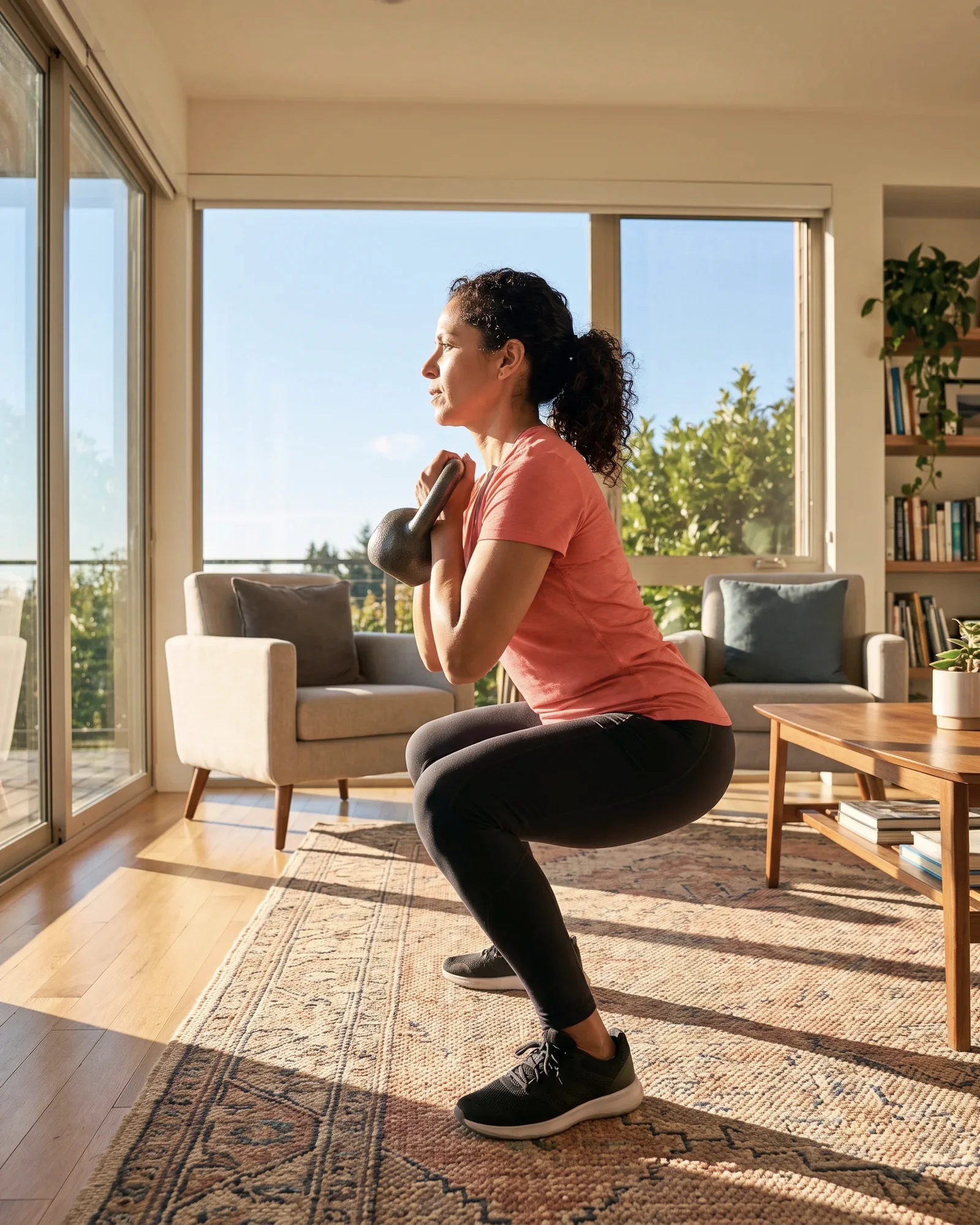A woman holds a kettlebell at her chest in a squat in a bright living room.