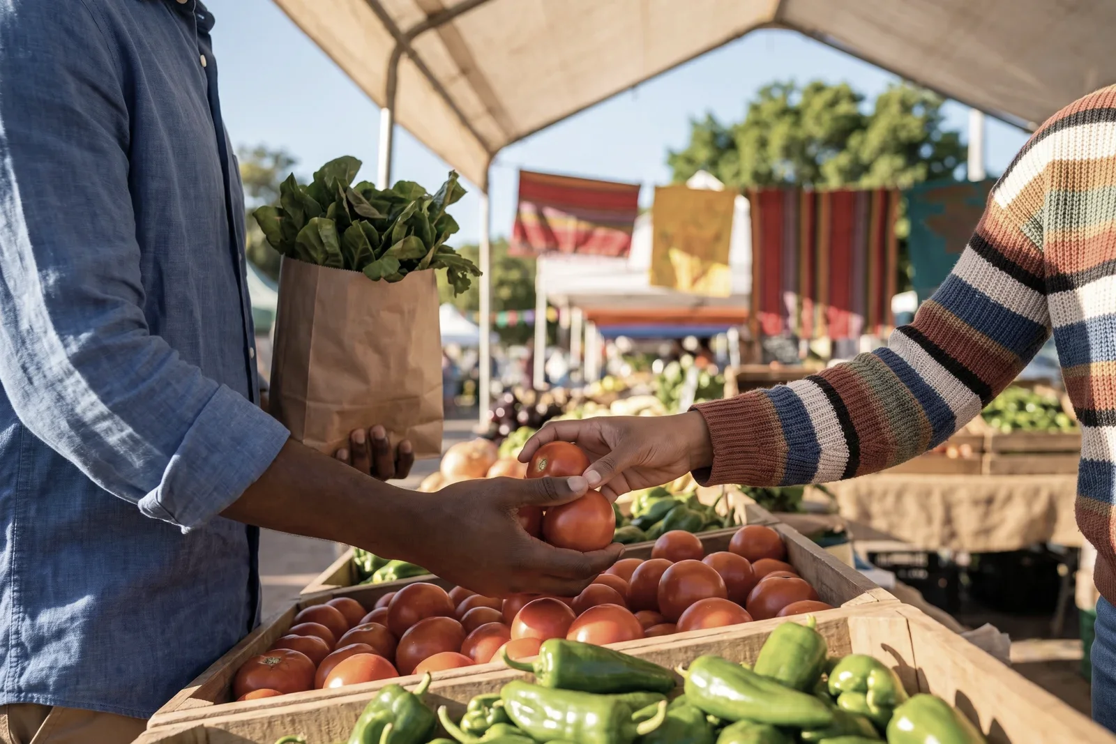 Hands choose tomatoes and peppers at a sunny market stall.