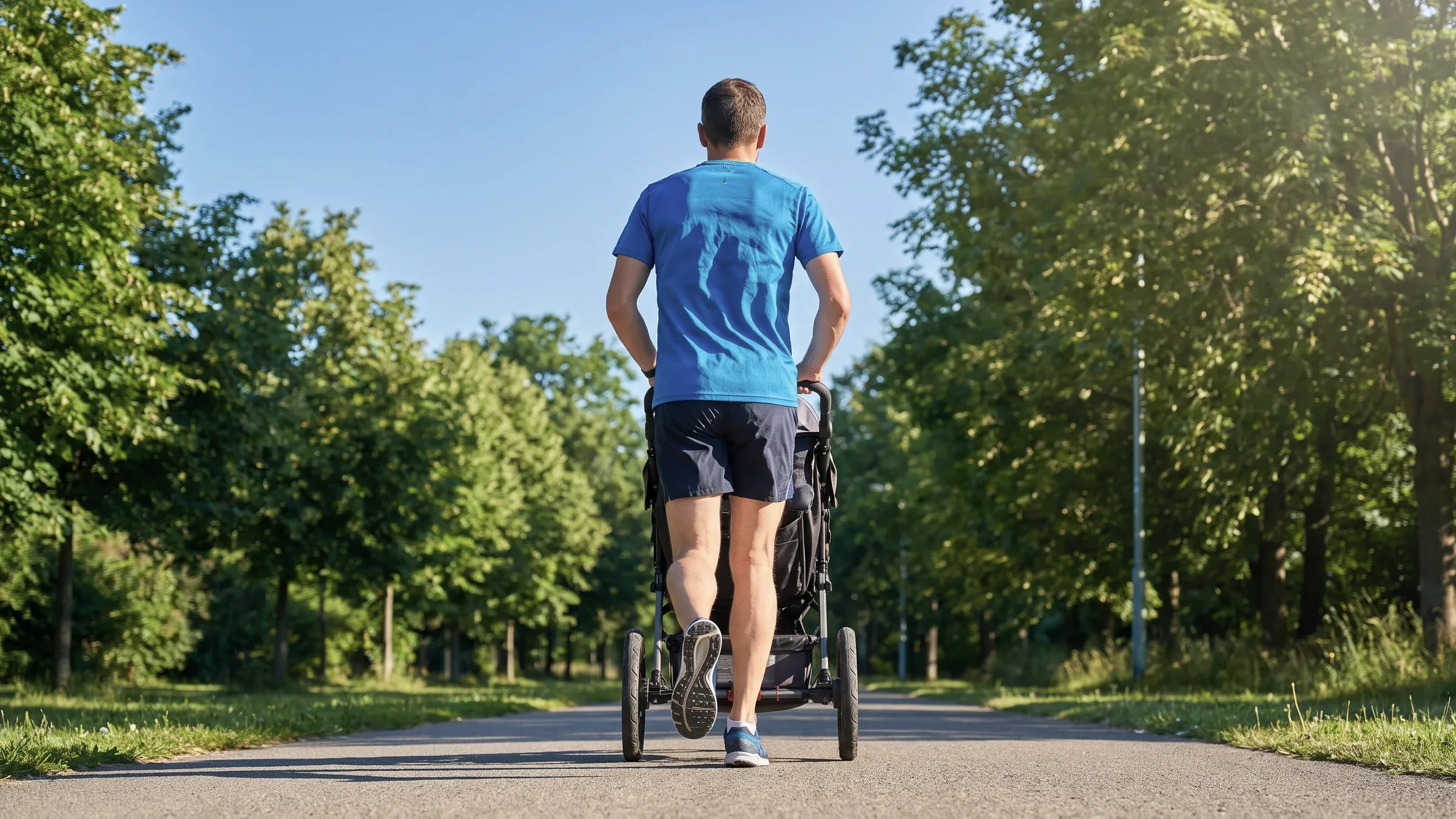 A parent seen from behind jogs behind a stroller on a sunny park path lined with trees.